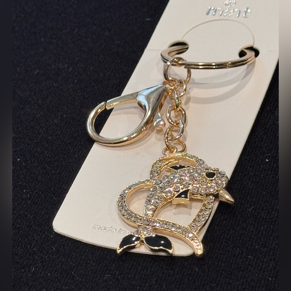 BAG CHARM Mint Black Enamel Accent Crystal Heart and Dolphin Keychain